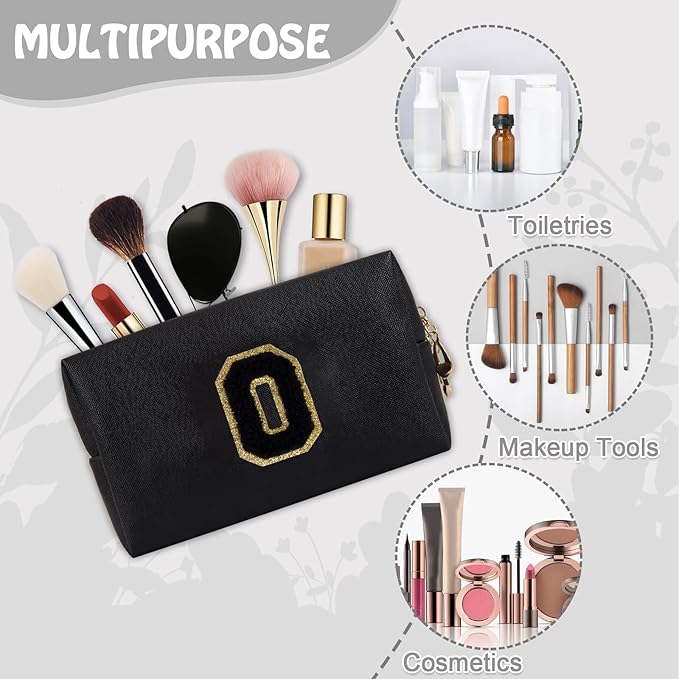 Small Cute Initial Preppy Makeup Bag, Personalized Black Cosmetic Zipper Pouch Chenille Letter Toiletry Bags for Traveling, Waterproof PU Makeup Organizer Travel Essentials for Sister Friend(Letter O)