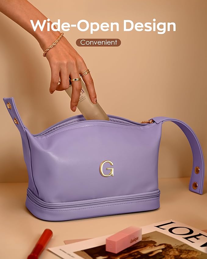 Makeup Bags for Teens Girls, Initial Double Layer Cosmetic Bag with Makeup Brush Organizer, Large Capacity PU Leather Travel Toiletry Bag, Gifts for Friends Female Mom