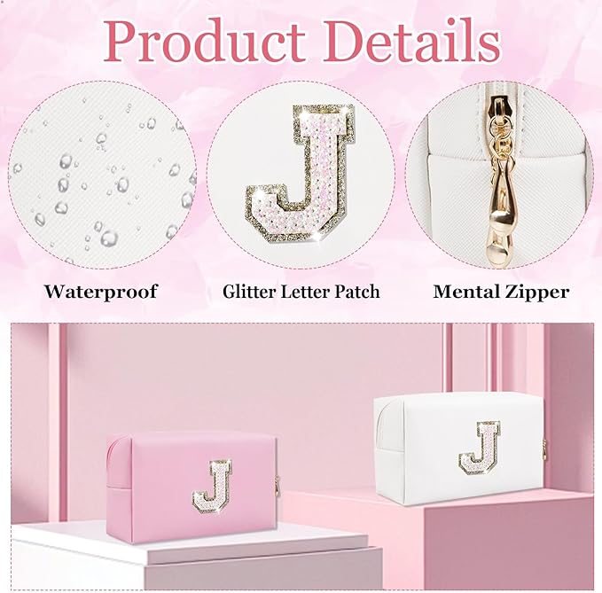 Small Personalized Glitter Initial Letter Makeup Bag, Cute PU Leather Chenille Letters Cosmetic Bag Travel Makeup Pouch, Preppy Travel Organizer Zipper Pouch for Women&Girls（White-J）
