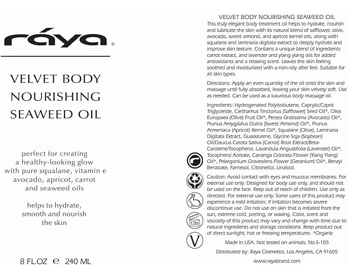RAYA Velvet Body Nourishing Seaweed Oil 16 oz (S-105) | Hydrating and Nourishing Body Treatment | Made with Natural French Seaweed Oil, Vitamins, and Minerals