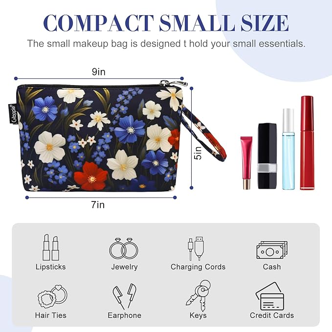 Gloppie Small Makeup Bag for Purse Lightweight Cosmetic Bag Floral Makeup Pouch for Women Blue Red Flower
