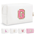 Small Personalized Initial A-Z Patch Makeup Bag,White Cute PU Leather Glitter Letter Cosmetic Bag for Teen Girls,Travel Toiletry Bag with Zipper,Preppy Monogrammed Birthday Gift for Daughter Niece G
