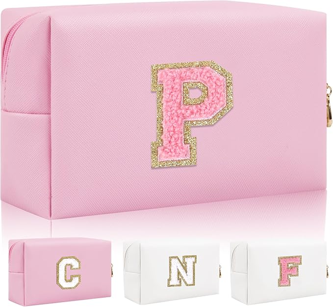 Iqimott Personalized Initial Letter Patch Makeup Bag, Preppy Small Chenille Letter Cosmetic Bag with Zipper, PU Leather Waterproof Travel Toiletry Bag Monogram Make Up Pouch for Women Girls(Letter P)