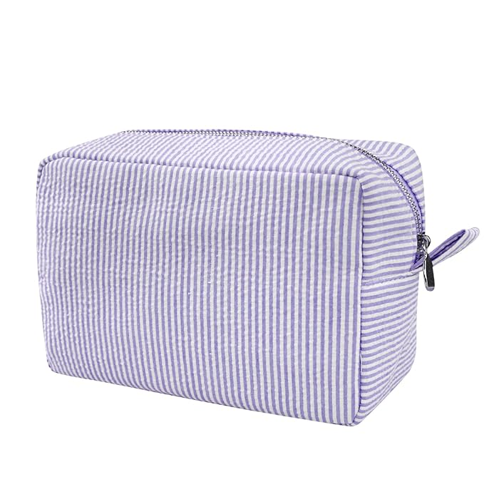 GFU Cosmetic Bags for Women, Seersucker Cosmetic Bag, Travel Toiletry Stripe Makeup Bag, Large Women Aesthetic Organizer Storage Pouch, Girls Handbags Purses,Purple