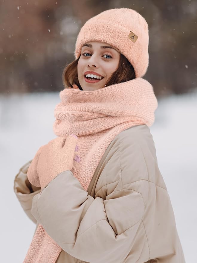 Winter Beanie Hat Scarf Gloves, Warm Fleece Knit Hat Long Scarf Neck Warmer Touch Screen Winter Gloves Set Gifts for Women