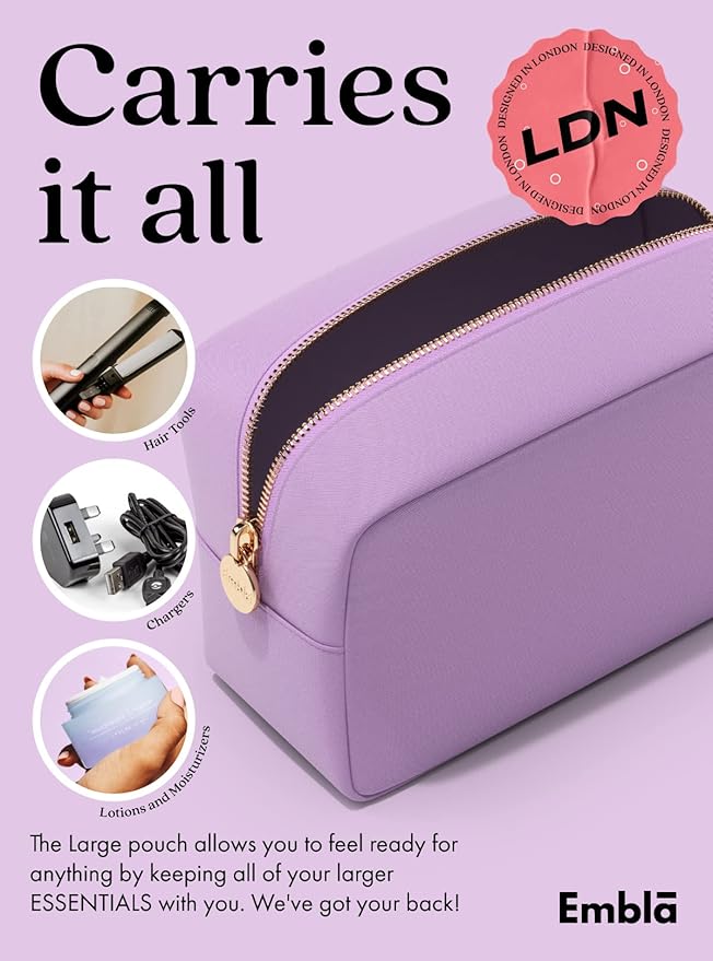 Embla Makeup Bag Travel Cosmetics Pouch and Toiletry Bag, Nylon Zipper Pouch Purse, Cute Make Up Organizer Storage Tote for Women Girls, Waterproof Travel Skincare Case, Large Makeup Bags, Grape