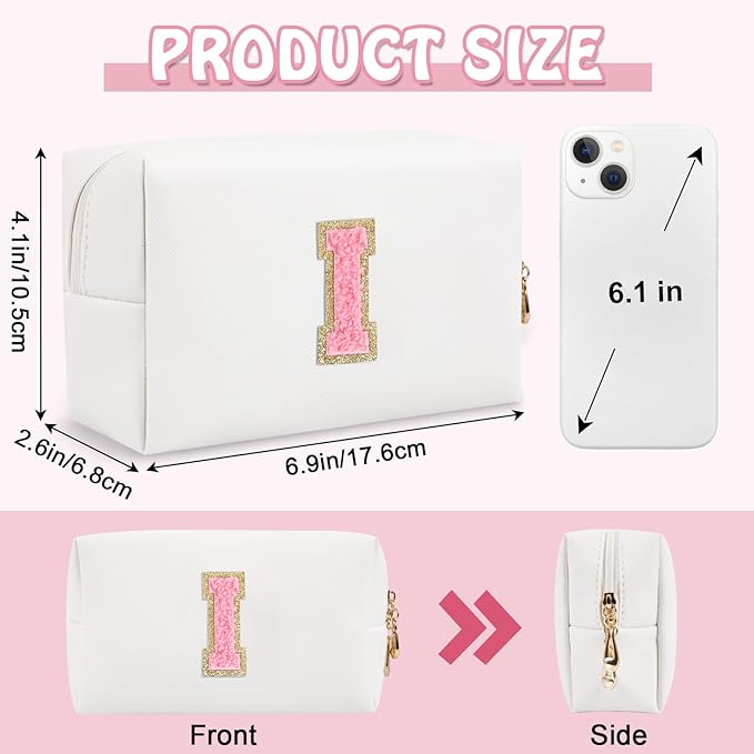 Personalized Small Travel Preppy Makeup Bag, Initial Cute Chenille Letter Cosmetic Organizer Toiletry Pouch, Waterproof Portable PU Monogram Make Up Case Preppy Stuff for Women Friends(Letter I)