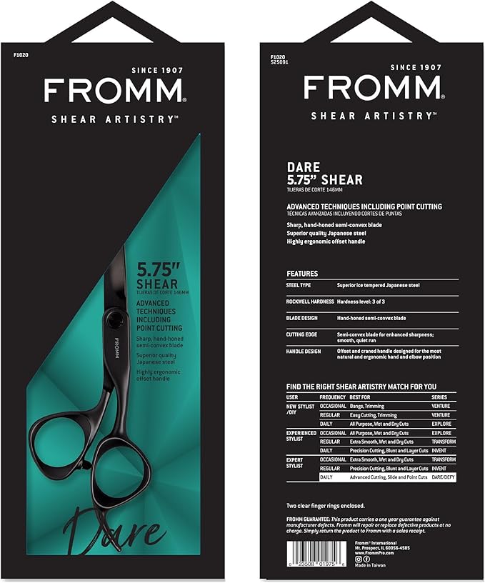 Fromm Dare 5.75" Precision Slide and Point Hair Cutting Shears with Semi-Convex Blade for Expert Salon Stylists, Matte Black Japanese Steel Scissors