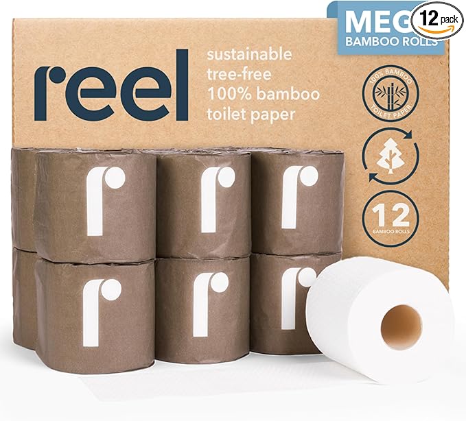 Reel 3-Ply Soft and Strong Bamboo Toilet Paper - 12 Rolls - Toxin-Free, Tree-Free, PFAS Free, BPA Free - Zero Plastic Packaging, Sustainable & Septic Safe