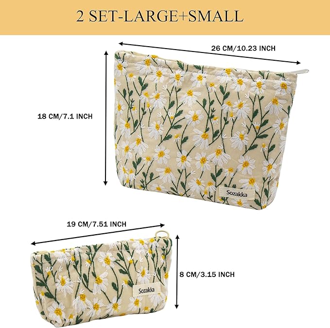 2 Pcs Makeup Bags, Large Cosmetic Bag Travel Toiletry Bag Organizer for Women, Embroidery Craft, Floral Makeup Bag Small Cosmetic Pouch Purse with Zipper Gifts for Girls Teen