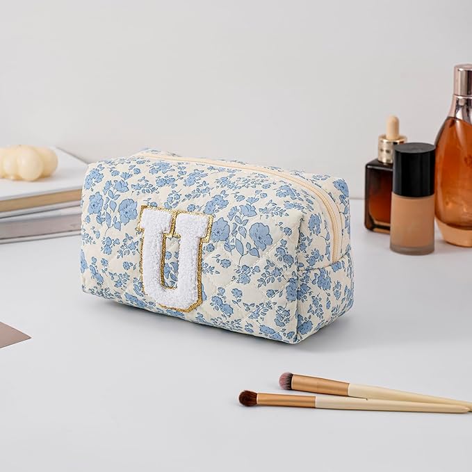 Gleyemor Personalized Initial Makeup Bag for Women, Cute Quilted Blue Floral Cotton Cosmetic Bag, Christmas Gifts for Her Mom Friend Sister Bridesmaid Teacher Women U