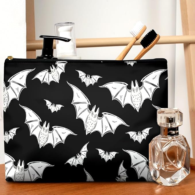 Cute Makeup Bag for Purse Waterproof Cosmetic Bags for Women Funny Smooth Zipper Travel Toiletry Pouch 10X8 Inches-Halloween Bat Makeup pouch