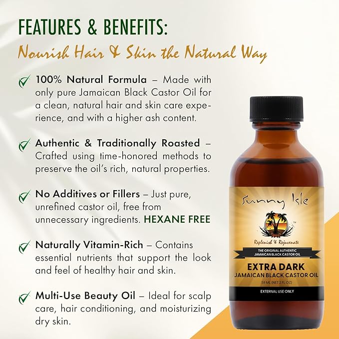 Sunny Isle Extra Dark Jamaican Black Castor Oil 2oz | 100% Natural High Potency Treatment for Hair, Scalp and Skin