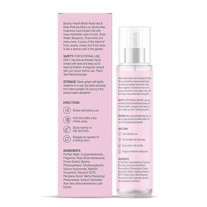 Botanic Hearth British Rose Hair Perfume & Body Perfume Mist with Hyaluronic Acid, Alcohol-Free, Refreshing & Hydrating Body Spray, Long Lasting Floral Fragrance, 100 ml / 3.4 fl oz