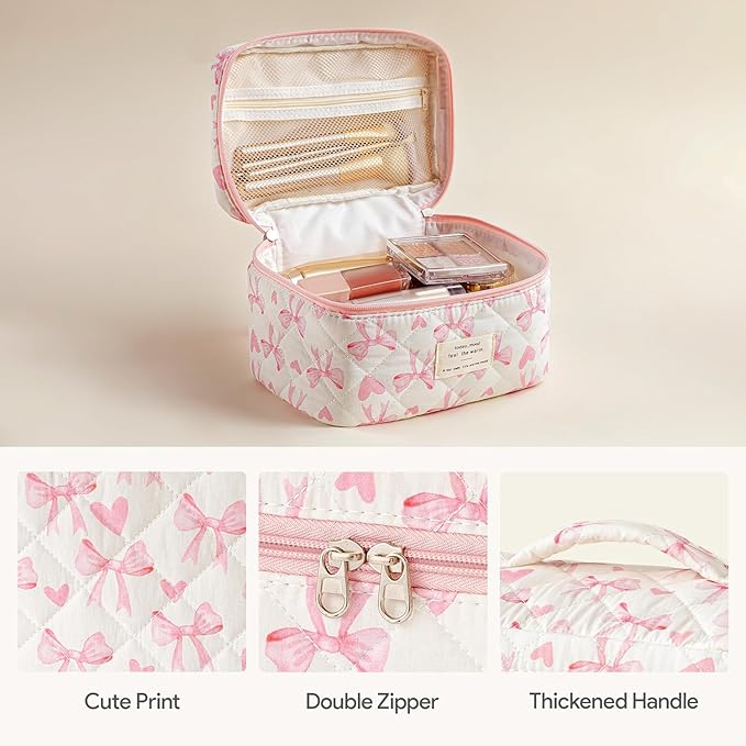 HBselect Quilted Makeup Bag, 3PCS Cotton Large Travel Makeup Bag, Cute Floral Coquette Make up Bag Cosmetic Bag Toiletry Bag for Women Girls