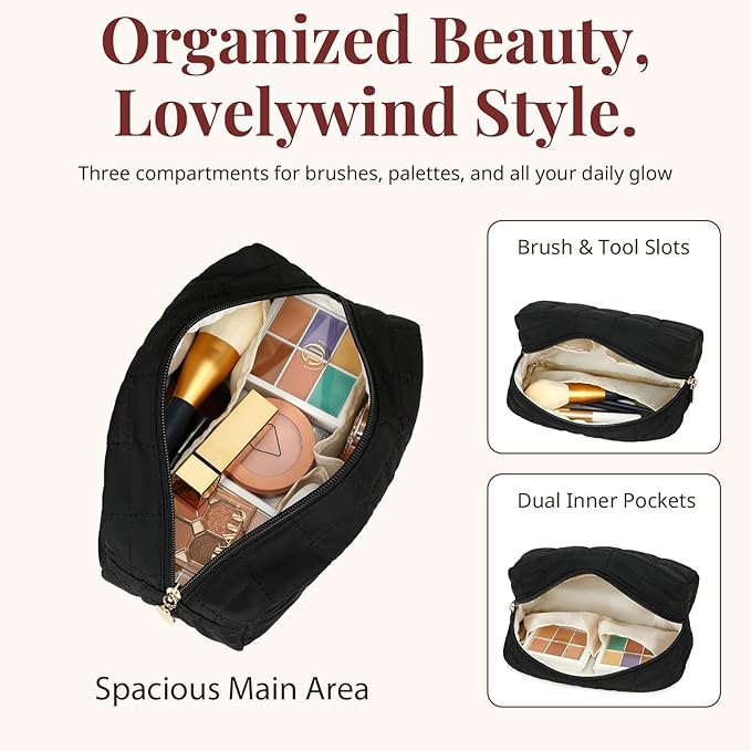 Makeup Bag for Women, Travel Cosmetic Bag Organizer with Compartments, Quilted Puffy Toiletry Pouch for Brushes, Essentials and Accessories, Black