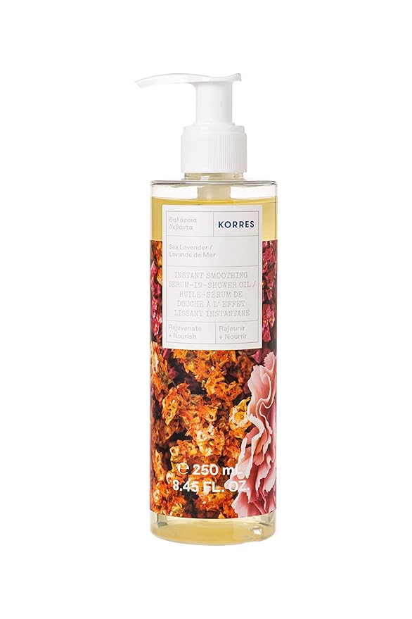 KORRES Instant Smoothing Serum Shower Oil, Hydrating Body Oil for Men and Women, Daily After Shower Skin Care for Dry & Rough Skin, Nourishing Botanicals with Sea Lavender Scent, 8.45 Fl Oz
