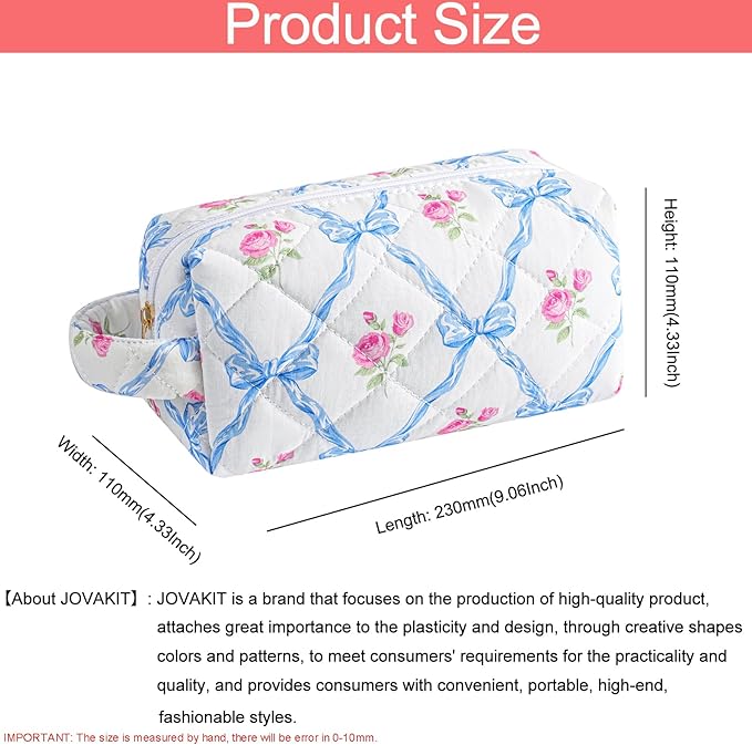 JOVAKIT Travel Makeup Bag Cosmetic Bag for Women, Christmas Gifts, Small Floral Flowers Coquette Toiletry Bag with Handle, Zipper Make Up Pouch Organizer Bag Trendy Stuff (Blue Bowknot)