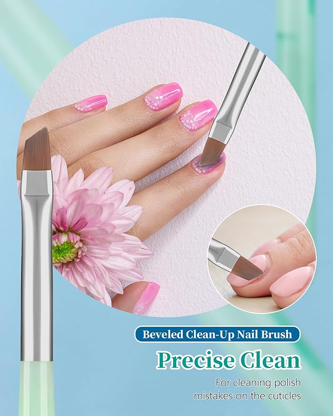3PCS Nail Polish Clean Up Brush, Round&flat&Angled Acetone Resistant Nail Brush for OPI Nail Polish Remover, Fingernail Cleaning Brushes at Home Nail Art and Designs(Emerald Green)