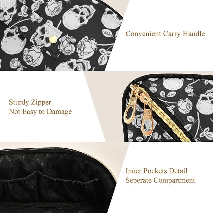 Makeup Organizer Bag, Skull with Rose Print Travel Makeup Bags Makeup Vanity Case Large Capacity Rhombus Cosmetic Toiletry Bag for Girl Women Ladies