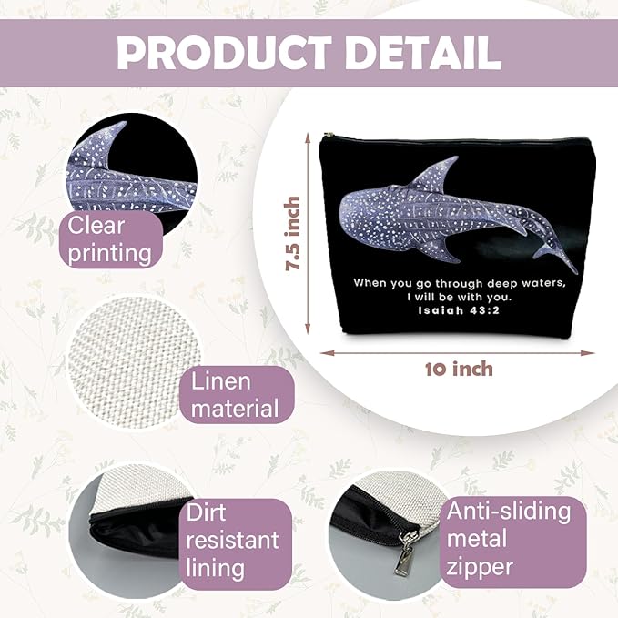 Whale Shark Christian Makeup Bag Pouch, Christian Shark Gifts for Women, Bible Verse Gifts Isaiah 43:2, When you go through deep waters I will be with you(black)