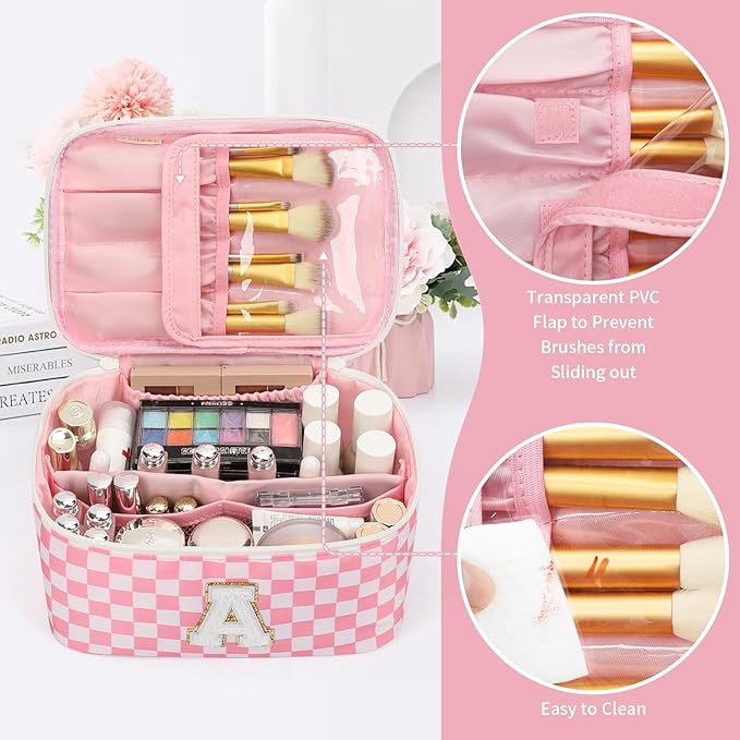 OCHEAL Makeup Bag for Women, Monogram Cosmetic Bag with Brush Holder, Pink Travel Makeup Case Beauty Toiletry Bag Organizer Personalized Gifts for Girls Teens Bridesmaid Sister Wife Friends Initial A
