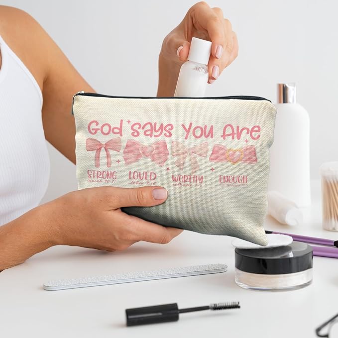 Bow Makeup Bag - God Says You Are Strong, God Gift for Women, Encouragement Gift for Teen Girls, Pink Bows Bible Verse Scripture Christian Makeup Bag Cosmetic Pouch
