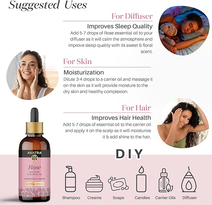 Avatra Rose Essential Oil 100ML (3.38 OZ) with Glass Dropper and Travel Bottle, Pure and Natural Therapeutic Grade Lavender Oil for Diffuser, Aromatherapy, Massage, and DIY Candle Products