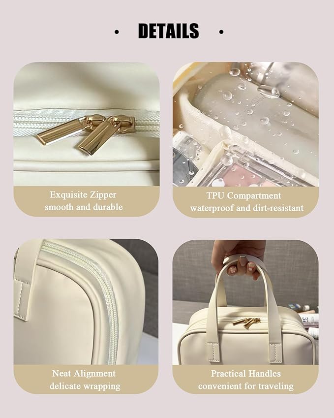 Travel Makeup Bag Skin-feel Leather, Large Capacity Cosmetic case for Women, Waterproof Portable Make up Organizer with Divider and Handle for Toiletries, Beauty Essentials (Beige)