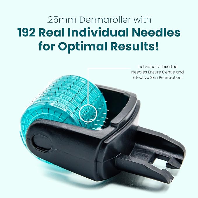 Gin Amber Beauty Derma Roller with Replaceable Head Design – 192 Real individual needles, Micro Needling Roller for Face, Beard, and Scalp Care, 0.25mm Face Roller