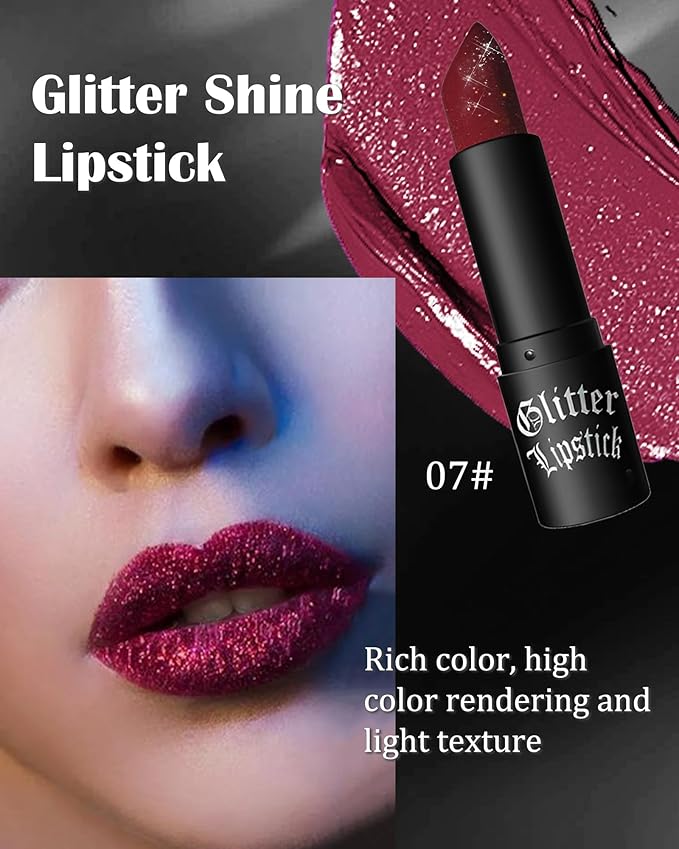 Diamond Glitter Matte Lipstick, Gothic Shiny Lip Gloss, Wine Red Sparkling High Pigment Longlasting Waterproof Smudgeproof Non-Stick Lipstick, Bold Shimmer Lip Blam for Women Lip Makeup-07