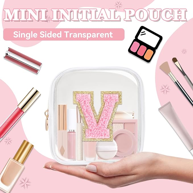 Mini Clear Personalized Initial Makeup Bag,Small Nylon Waterproof Zip Beach Cosmetic Pouch,Preppy A-Z Chenille Letter Patch Cute Coin Purse Travel Toiletry Bag Car Pack Bag for Women(White-Pink V)