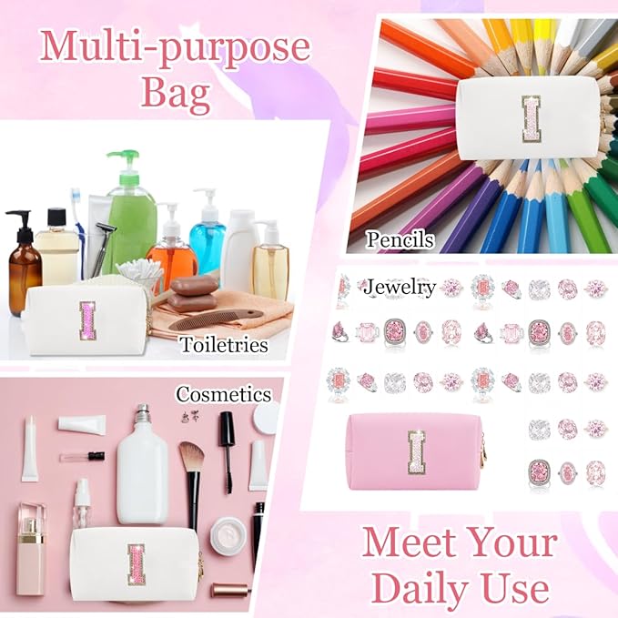 Small Personalized Glitter Initial Letter Makeup Bag, Cute PU Leather Chenille Letters Cosmetic Bag Travel Makeup Pouch, Preppy Travel Organizer Zipper Pouch for Women&Girls（White-I）