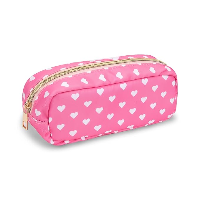 Small Pencil Case Makeup Bag for Purse, Cute Pencil Pouch Preppy Nylon Makeup Brush Bag with Zipper , Girls Portable Stationery Storage Case Small Pen Bag for Office School College(Slim-Pink Heart)