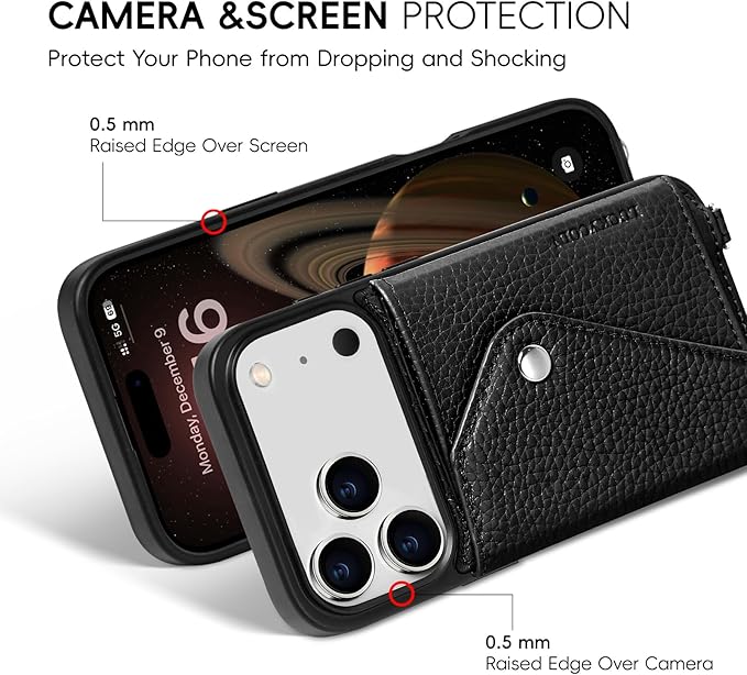 LUCKYCOIN Crossbody Wallet Phone Case for iPhone 17 Pro,100% Genuine Leather Wallet Phone Case with Expandable Flip Card Holder,Phone Purse for Women with Adjustable Removable Strap - Pebble Black