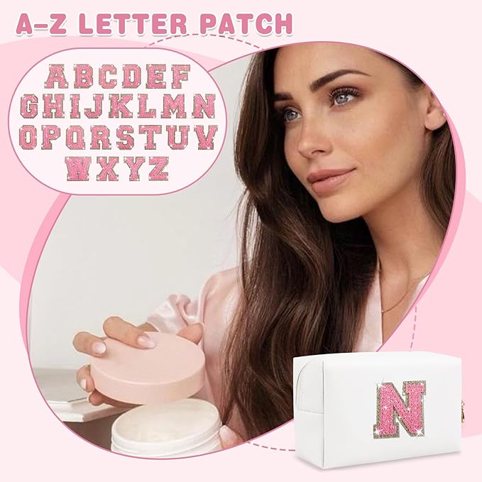Small Initial Patch Makeup Bag Personalized Gifts Make Up Bag,White Cute PU Leather Glitter Letter Cosmetic Bag with Zipper,Trendy Portable Travel Toiletry Pouch,Preppy Stuff for Teen Girls Women N
