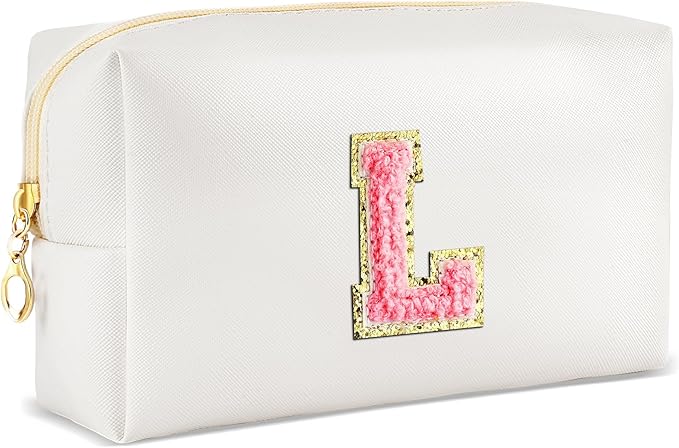 Initial Makeup Bag Personalized Preppy Travel Small Cosmetic Bag Cute PU White Chenille Letter Makeup Pouch for Purse Waterproof Zippered Toiletry Organizer for Women Girls Kids Friends (L)