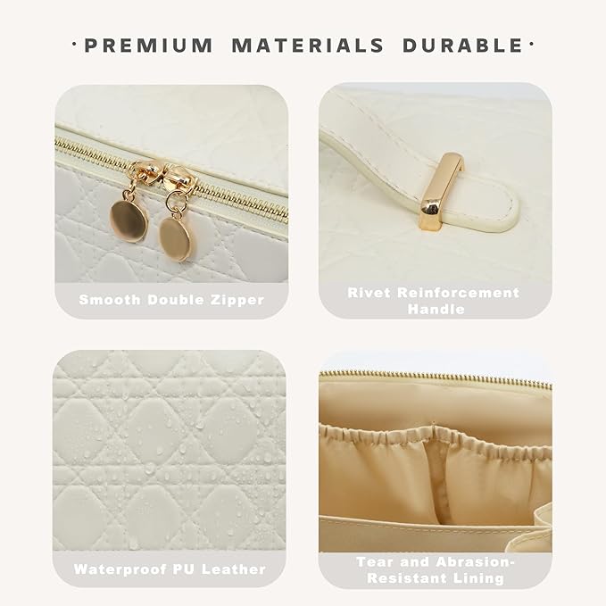 Travel Makeup Bag – Large Cosmetic Organizer with Waterproof PU Leather, Smooth Double Zipper & Tear-Resistant Lining, Toiletry Pouch for Women (White)