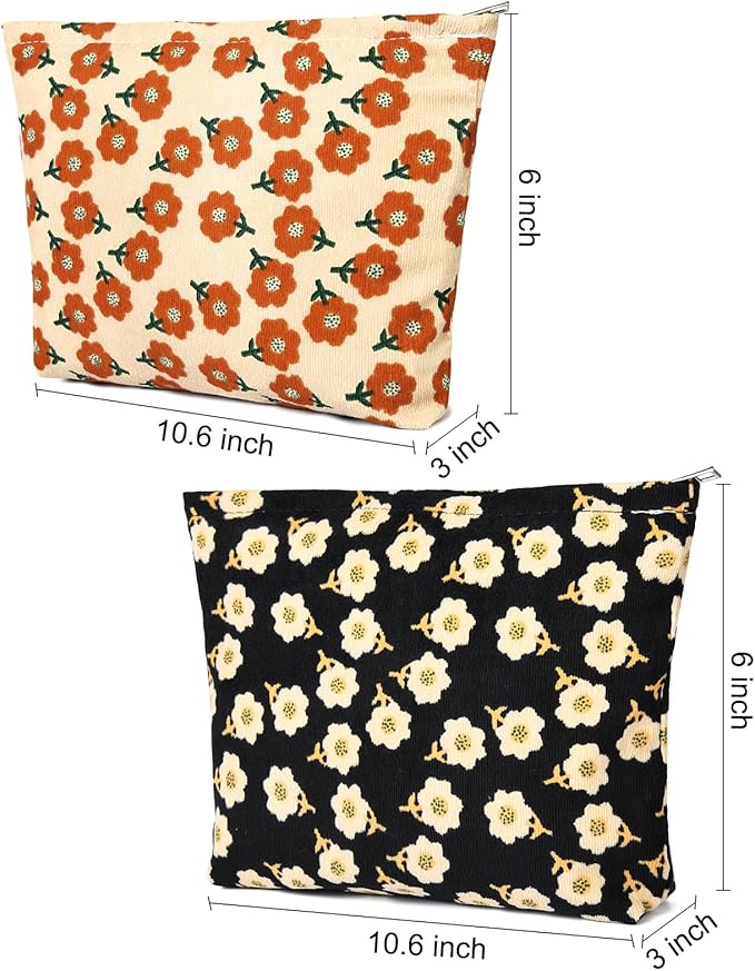 SOIDRAM 2 Pieces Flower Makeup Bag Large Corduroy Cosmetic Bag Capacity Canvas Travel Toiletry Bag Organizer Cute Makeup Brushes Aesthetic Accessories Storage Bag for Women, Flower L Orang Black