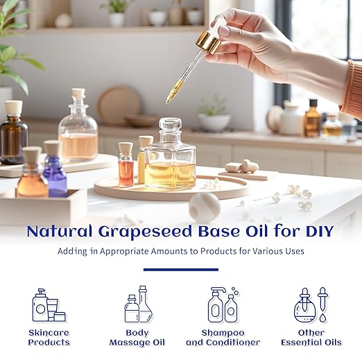 HIQILI 16 Fl Oz Organic Grapeseed Oil for Hair, for Skin, Carrier Oil for Essential Oils Mixing, 100% Pure & Natural-473ML