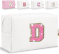 Small Personalized Glitter Initial Letter Makeup Bag, Cute PU Leather Chenille Letters Cosmetic Bag Travel Makeup Pouch, Preppy Travel Organizer Zipper Pouch for Women&Girls（WhiteRosePink-D）