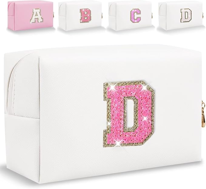 Small Personalized Glitter Initial Letter Makeup Bag, Cute PU Leather Chenille Letters Cosmetic Bag Travel Makeup Pouch, Preppy Travel Organizer Zipper Pouch for Women&Girls（WhiteRosePink-D）