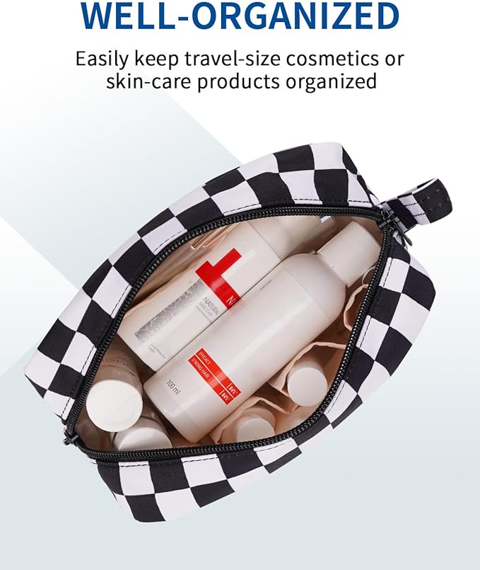 Narwey Small Checkered Makeup Bag for Purse Travel Makeup Pouch Mini Cosmetic Bag Zipper Pouch for Women (Black Checkerboard, Small)
