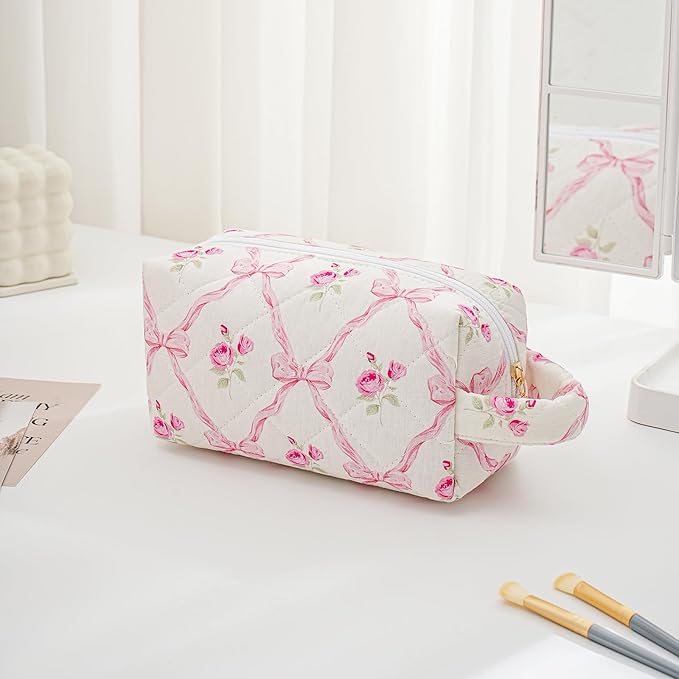 JOVAKIT Travel Makeup Bag Cosmetic Bag for Women, Christmas Gifts, Small Floral Flowers Coquette Toiletry Bag with Handle, Zipper Make Up Pouch Organizer Bag Trendy Stuff (Pink Bowknot)