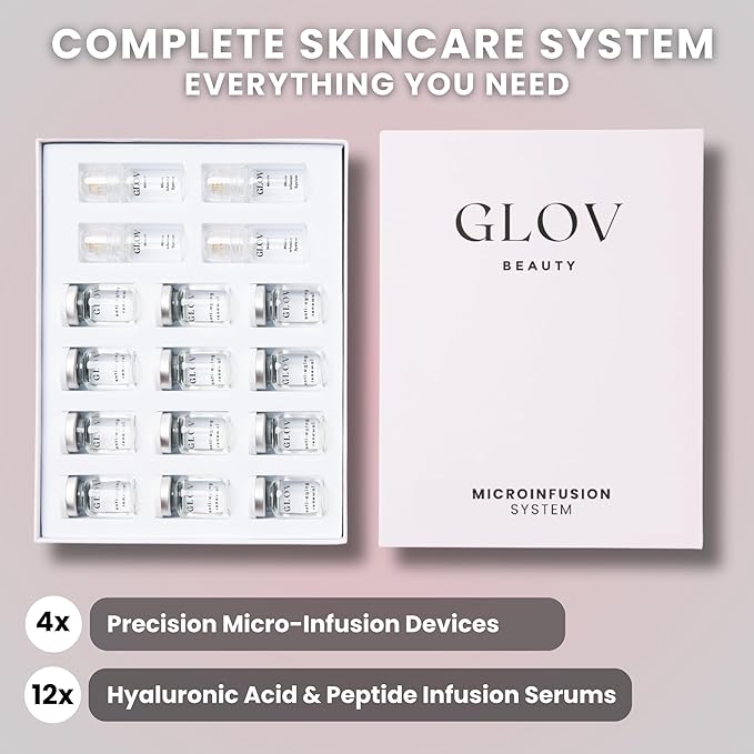 Glov Beauty Micro Infusion System for Face & Lips – 0.25mm 24k Gold Cosmetic Facial Stamp with Hyaluronic Acid, Collagen Peptides & Licorice Root Serum Ampoules | At-Home Hydrating & Plumping Glow Kit