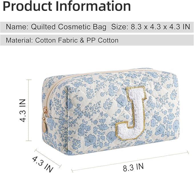 Gleyemor Personalized Initial Makeup Bag for Women, Cute Quilted Blue Floral Cotton Cosmetic Bag, Christmas Gifts for Her Mom Friend Sister Bridesmaid Teacher Women J
