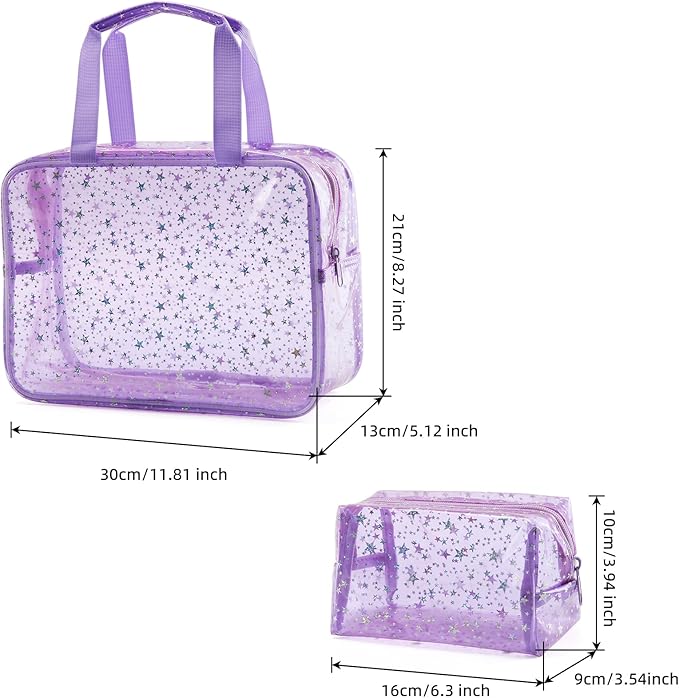 Yaopeing 2Pcs PVC Clear Makeup Bag Organizer for Women,Star Transparent Cosmetic Case Travel Toiletry Pouch with Zipper,Large Make Up Purse for Daily Accessory,Purple