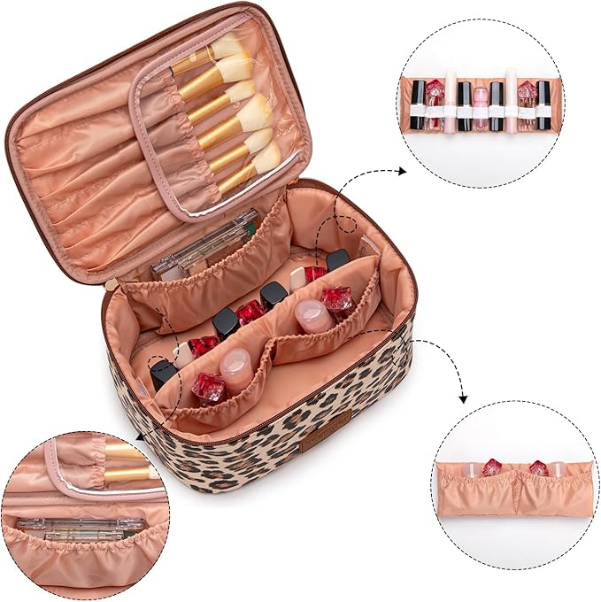 Montana West X Wrangler Travel Makeup Bag 2pcs Set Large Cosmetic Bag with Makeup Brush Holder Portable Make Up Organizer Cute Toiletry Bag with Divider and Handle for Women Leopard