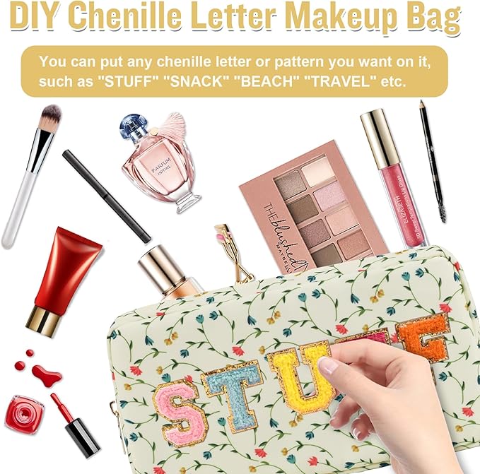 Nylon Small Floral Makeup Bag for Purse, Cute Preppy Makeup Bag Cosmetic Zipper Pouch Purse, Waterproof Portable Travel Toiletry Makeup Brush Bag Organizer Storage for Women Girls(Light Yellow-Flower)