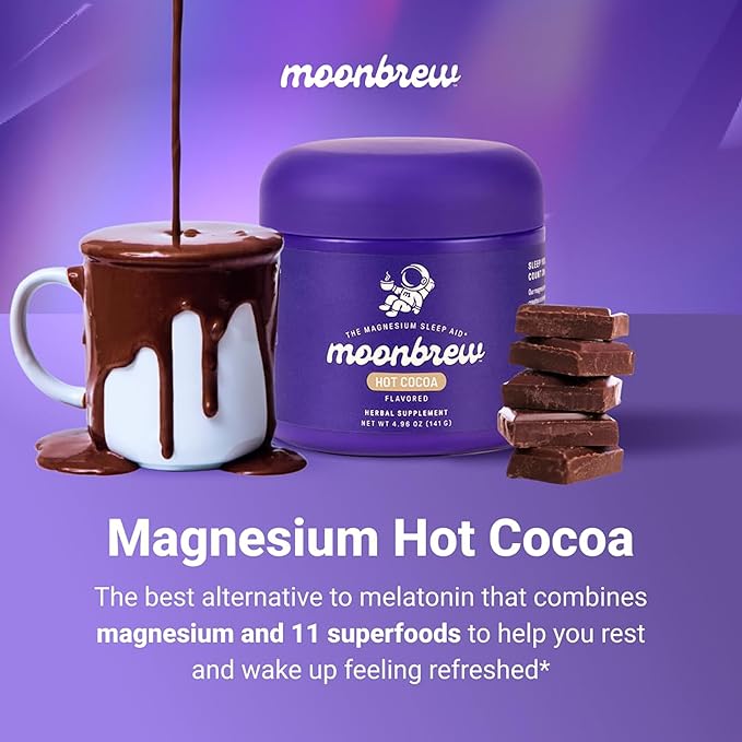 MoonBrew Nighttime Magnesium Hot Cocoa Jar, Natural Sleep Aid Drink Mix for Adults - Calming Melatonin-Free Sleep Support - Sleepy Hot Chocolate Powder with L-Theanine, Chamomile & Zinc Glycinate